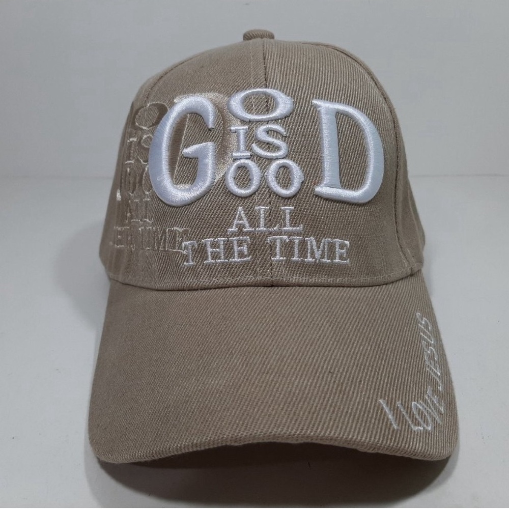 God Is Good Mens Embroidered Hat Cap Beige Adjusta
